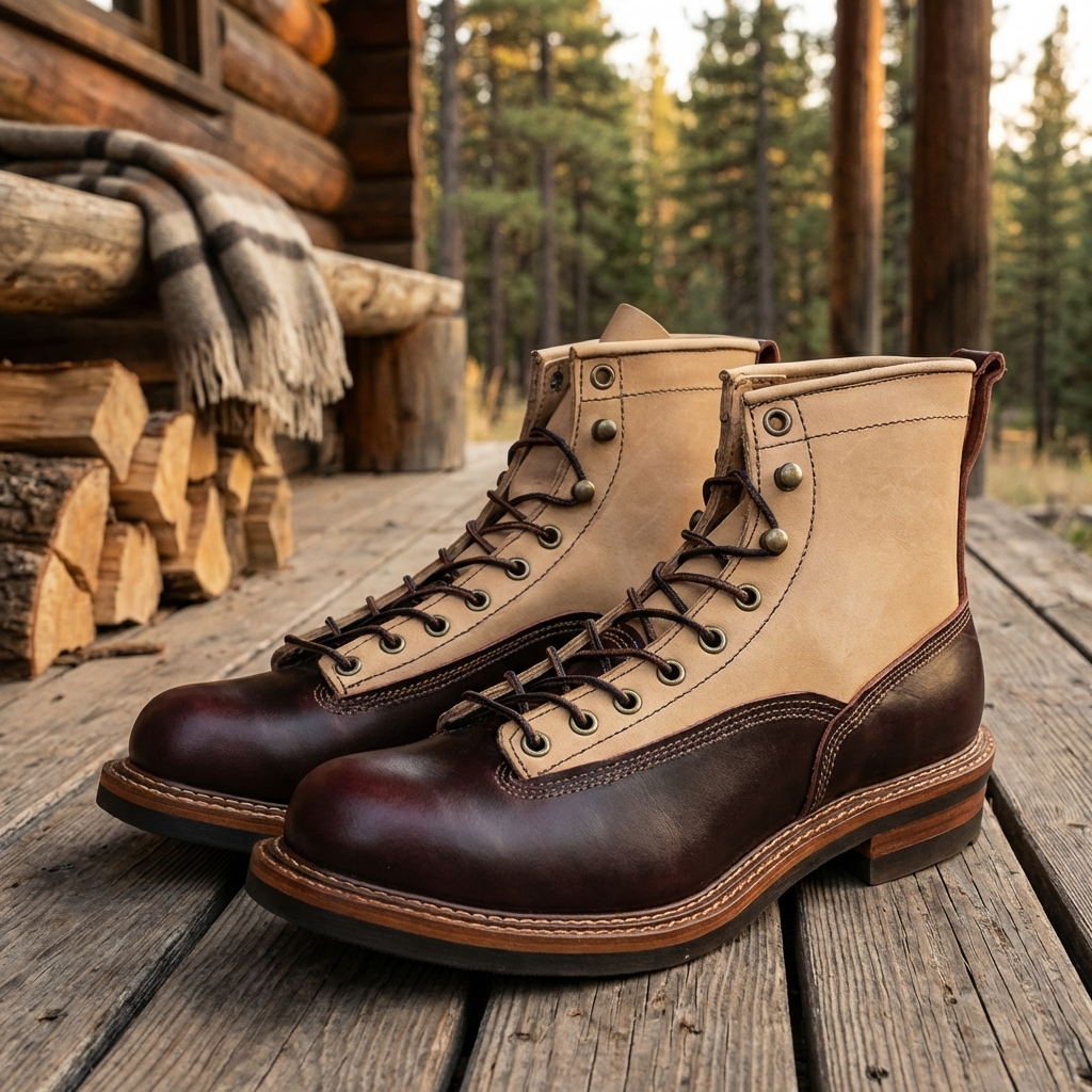 Men Genuine Leather Cowboy Work Boots – Premium Top-Grain Cowhide Lace-Up Motorcycle Western High-Top Ankle Boots