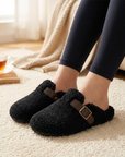 Women’s Wool-Lined Genuine Leather Mule Slippers – Warm, Retro Thick-Sole Backless Slip-Ons