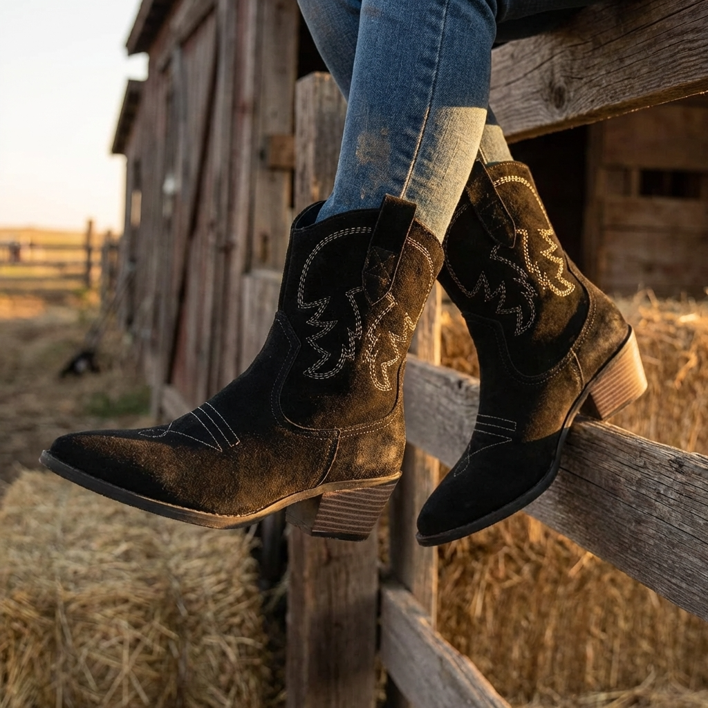 Women’s Short Western Cowboy Boots – Suede Pointed Toe Thick Heel Slip-On Retro Ankle Boots