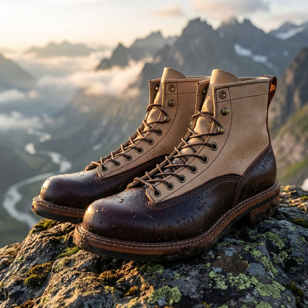 Men Genuine Leather Cowboy Work Boots – Premium Top-Grain Cowhide Lace-Up Motorcycle Western High-Top Ankle Boots