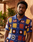Men’s Crochet Knit Polo Shirt – Geometric Pattern Breathable Short Sleeve Summer Polo