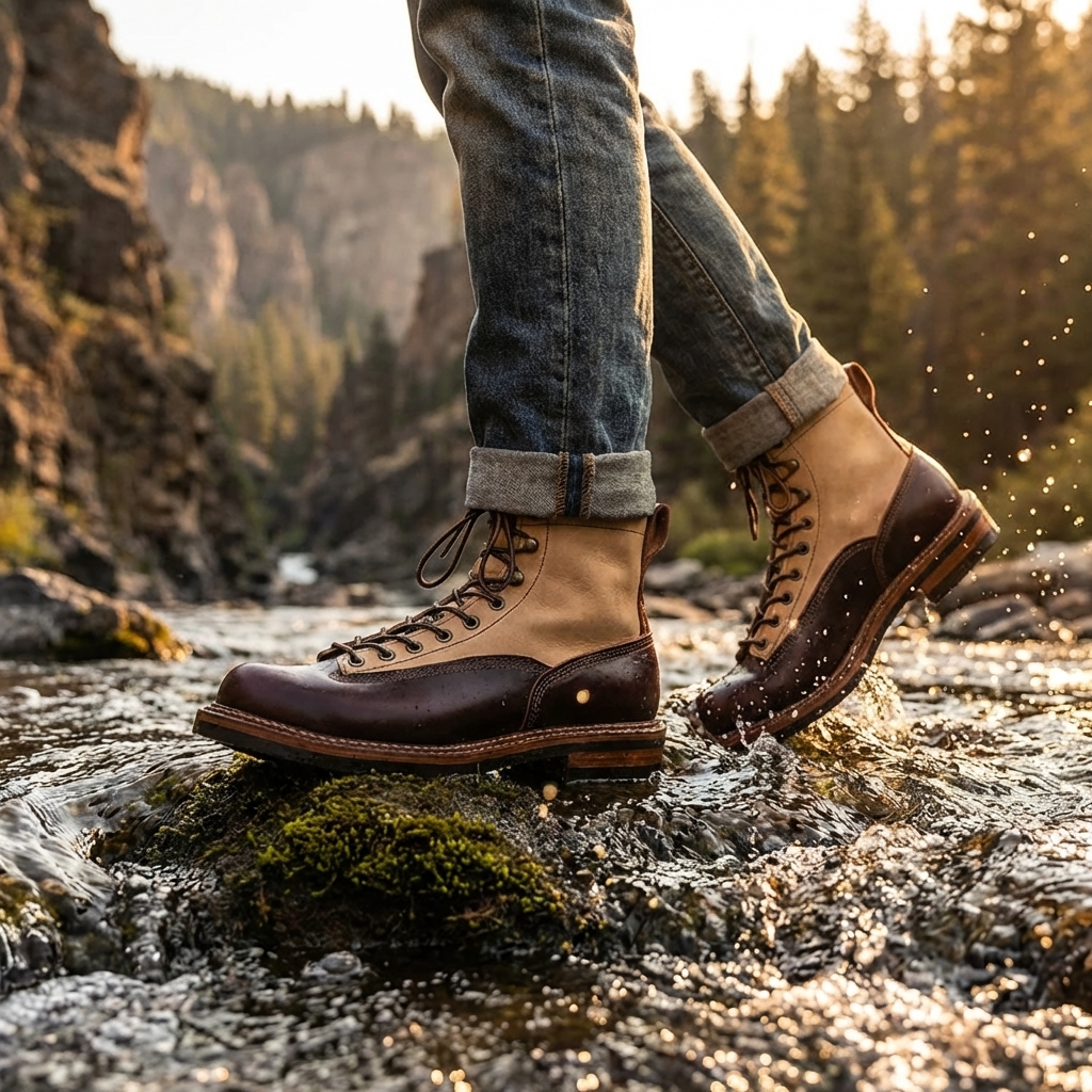 Men Genuine Leather Cowboy Work Boots – Premium Top-Grain Cowhide Lace-Up Motorcycle Western High-Top Ankle Boots