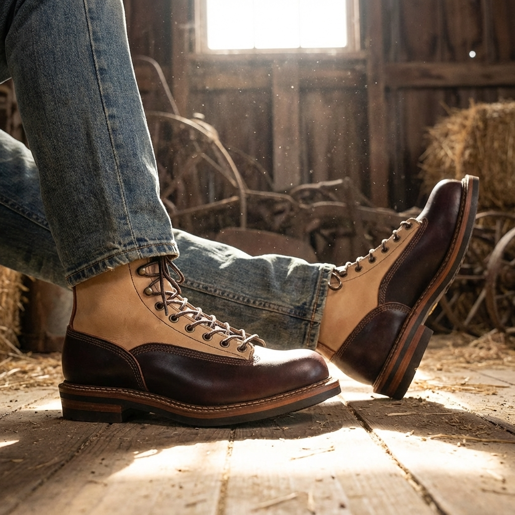 Men Genuine Leather Cowboy Work Boots – Premium Top-Grain Cowhide Lace-Up Motorcycle Western High-Top Ankle Boots