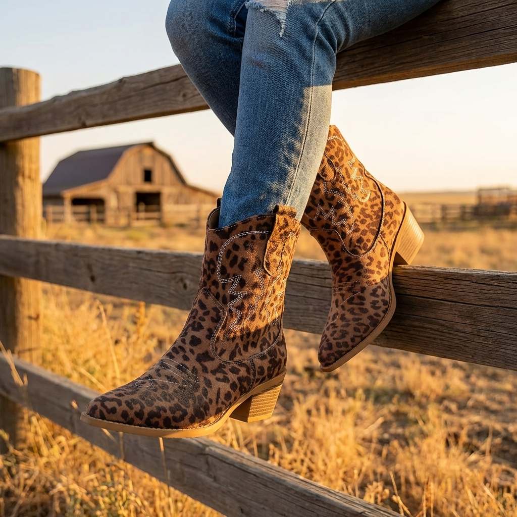 Women’s Short Western Cowboy Boots – Suede Pointed Toe Thick Heel Slip-On Retro Ankle Boots