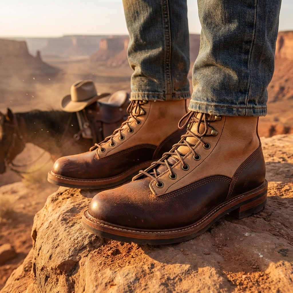 Men Genuine Leather Cowboy Work Boots – Premium Top-Grain Cowhide Lace-Up Motorcycle Western High-Top Ankle Boots