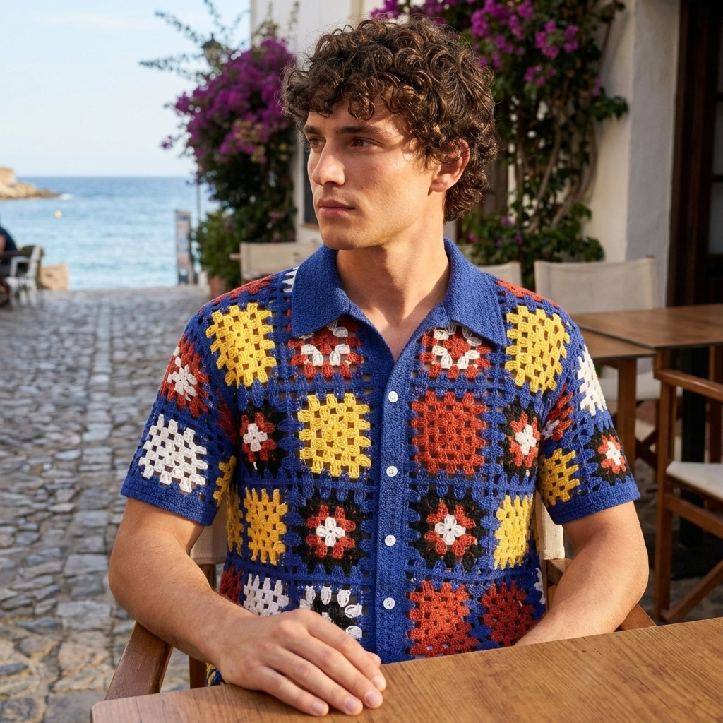 Men’s Crochet Knit Polo Shirt – Geometric Pattern Breathable Short Sleeve Summer Polo