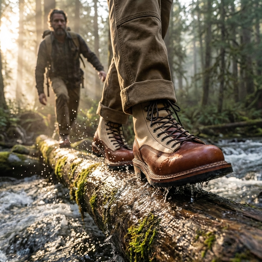 Men Genuine Leather Cowboy Work Boots – Premium Top-Grain Cowhide Lace-Up Motorcycle Western High-Top Ankle Boots