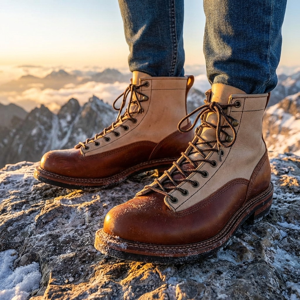 Men Genuine Leather Cowboy Work Boots – Premium Top-Grain Cowhide Lace-Up Motorcycle Western High-Top Ankle Boots