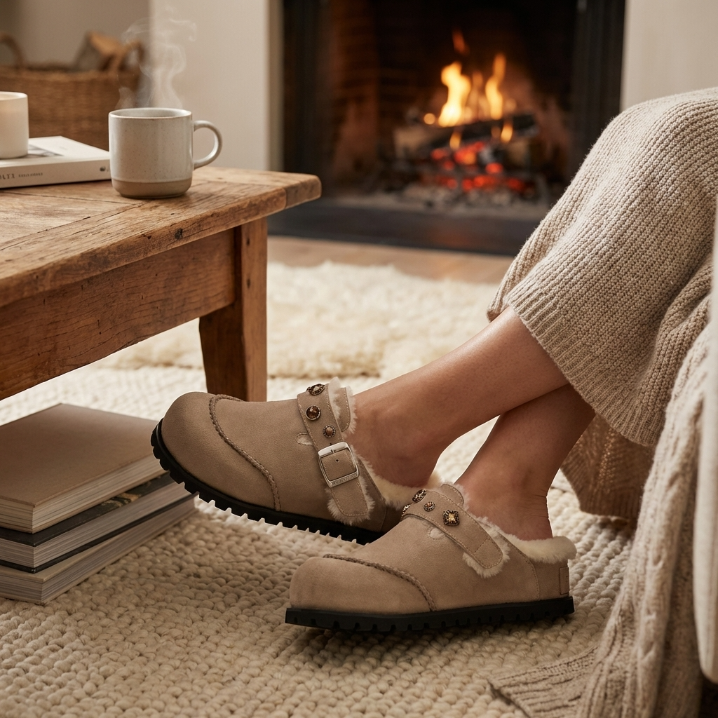 Women’s Wool Lined Platform Slippers – Suede Leather Thick Sole Warm Indoor Outdoor House Slippers