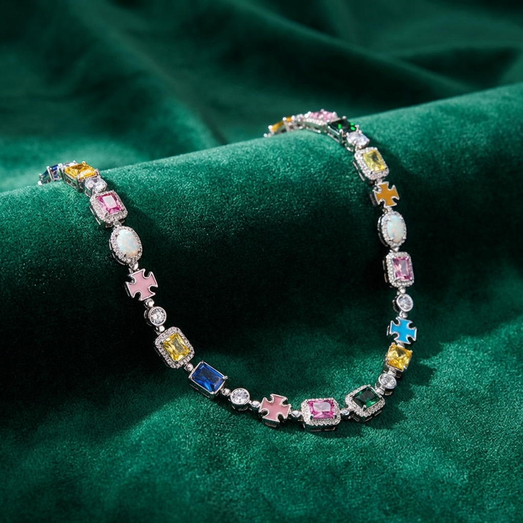 Men Hip-Hop Cross Pendant Necklace – Gold-Plated Colorful Gemstone Clavicle Chain Statement Jewelry