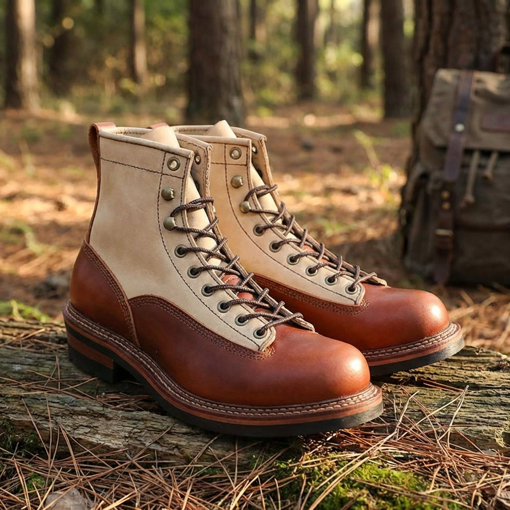 Men Genuine Leather Cowboy Work Boots – Premium Top-Grain Cowhide Lace-Up Motorcycle Western High-Top Ankle Boots