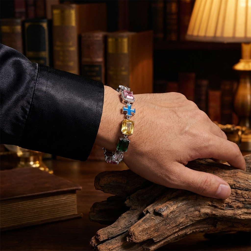 Men Hip-Hop Cross Pendant Necklace – Gold-Plated Colorful Gemstone Clavicle Chain Statement Jewelry