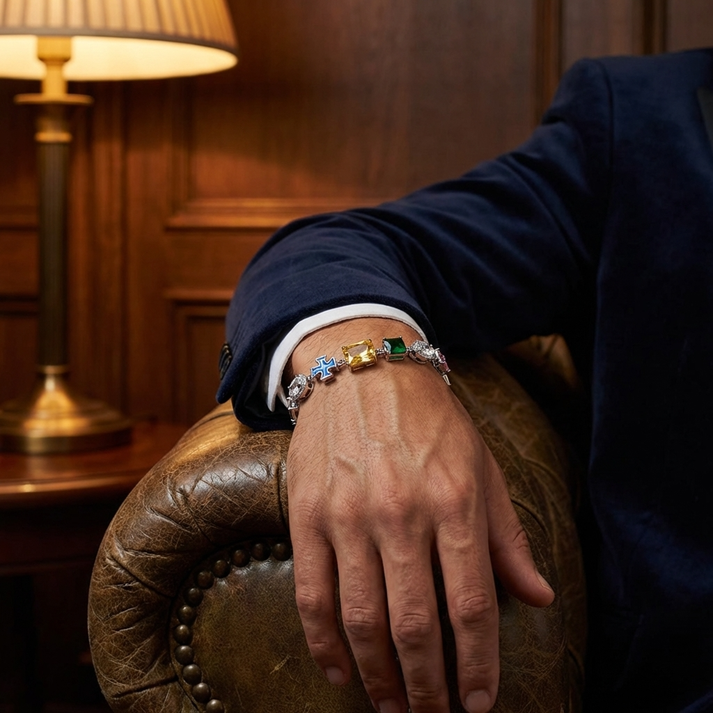 Men Hip-Hop Cross Pendant Necklace – Gold-Plated Colorful Gemstone Clavicle Chain Statement Jewelry