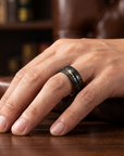 Men Two-Tone Damascus Steel Ring – Tungsten Steel Band with Gold Foil Meteorite Inlay Minimalist Geometric Wedding Ring