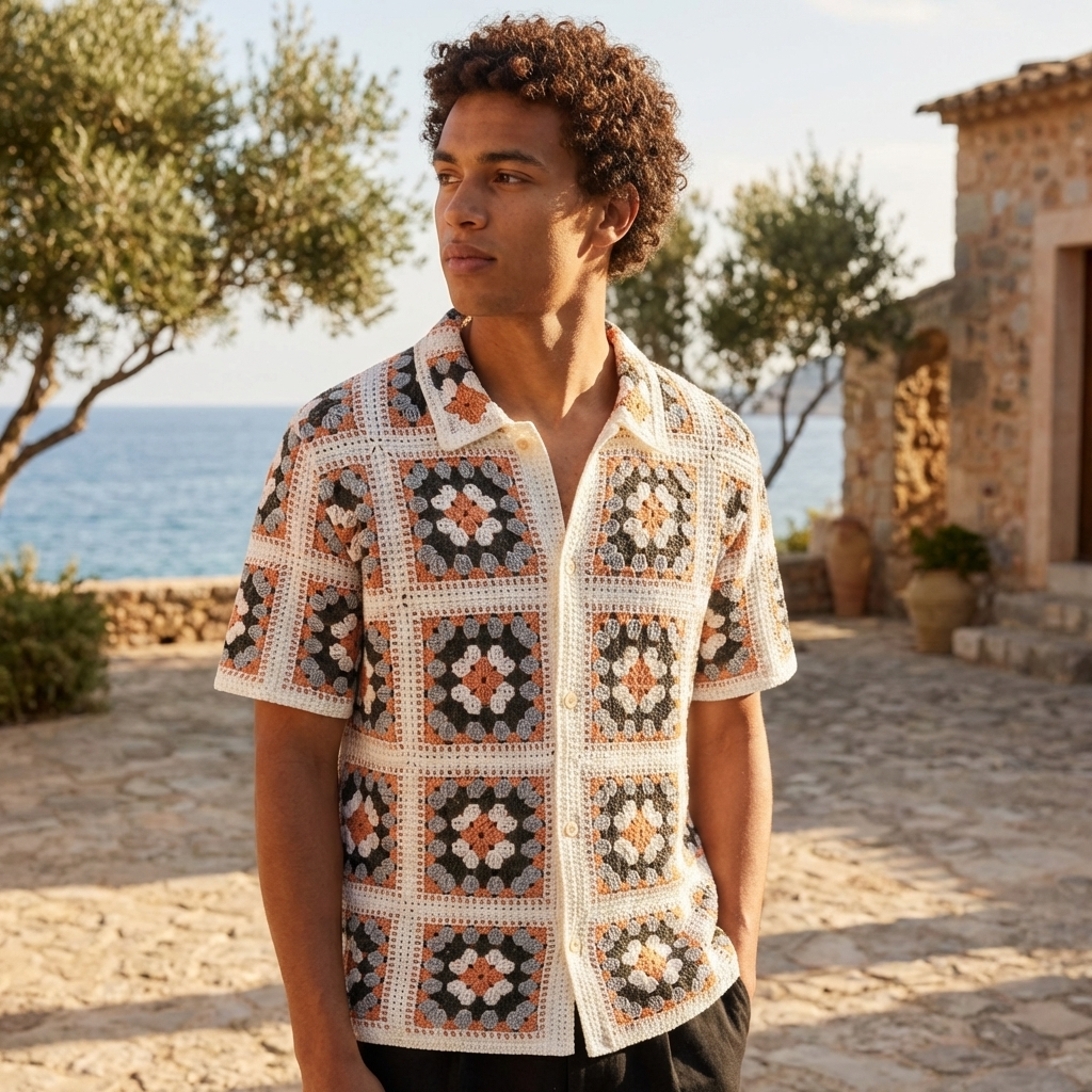 Men’s Crochet Knit Polo Shirt – Color Block Jacquard Short Sleeve Breathable Summer Polo