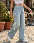 Women’s High-Waist Wide-Leg Jeans with Side Ribbon – Embroidered Loose Fit Denim Pants