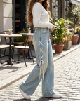 Women’s High-Waist Wide-Leg Jeans with Side Ribbon – Embroidered Loose Fit Denim Pants