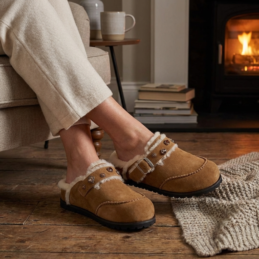 Women’s Wool Lined Platform Slippers – Suede Leather Thick Sole Warm Indoor Outdoor House Slippers