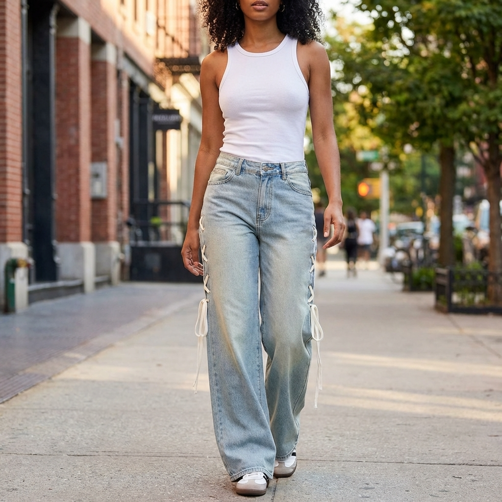 Women’s High-Waist Wide-Leg Jeans with Side Ribbon – Embroidered Loose Fit Denim Pants