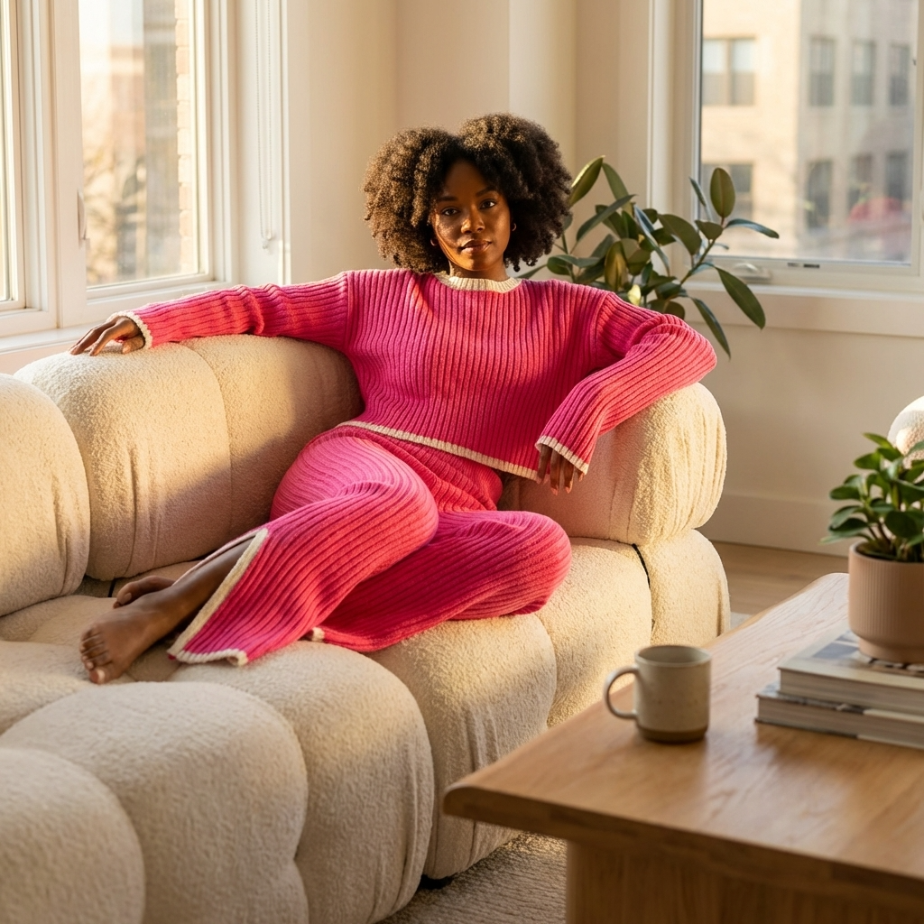 Women Knitted Top and Pants Set – Mercerized Cotton Two-Piece Outfit with Color-Block Design Long Sleeve Casual Suit