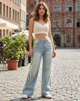 Women’s High-Waist Wide-Leg Jeans with Side Ribbon – Embroidered Loose Fit Denim Pants