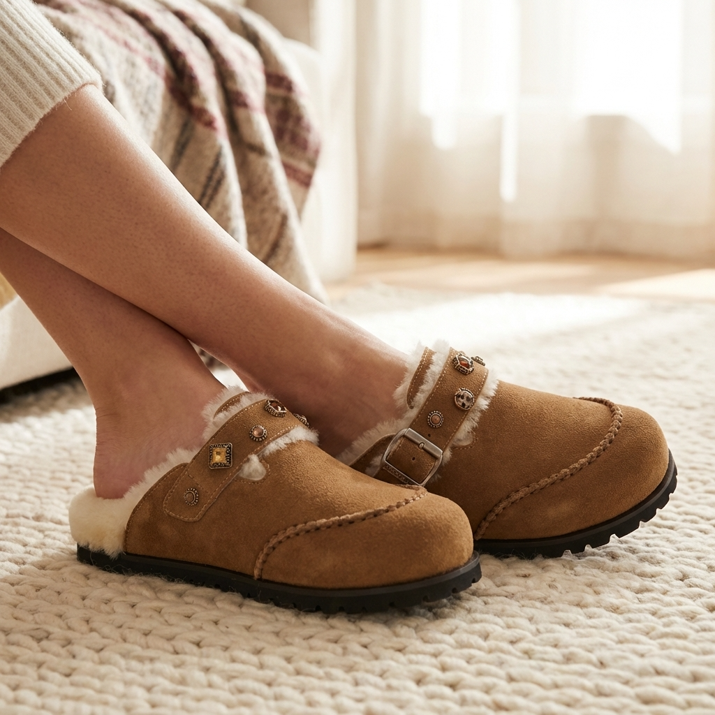 Women’s Wool Lined Platform Slippers – Suede Leather Thick Sole Warm Indoor Outdoor House Slippers