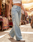 Women’s High-Waist Wide-Leg Jeans with Side Ribbon – Embroidered Loose Fit Denim Pants