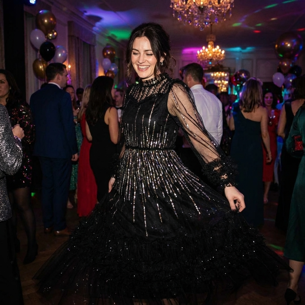 Women Embroidered Sequin Mesh Dress – Long Sleeve High-Waist X-Line Ruffle Cake Skirt