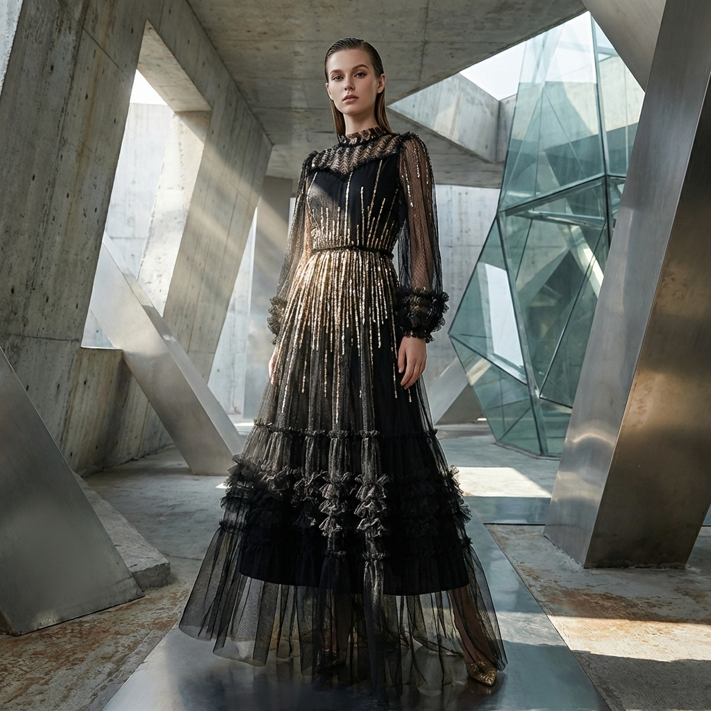 Women Embroidered Sequin Mesh Dress – Long Sleeve High-Waist X-Line Ruffle Cake Skirt