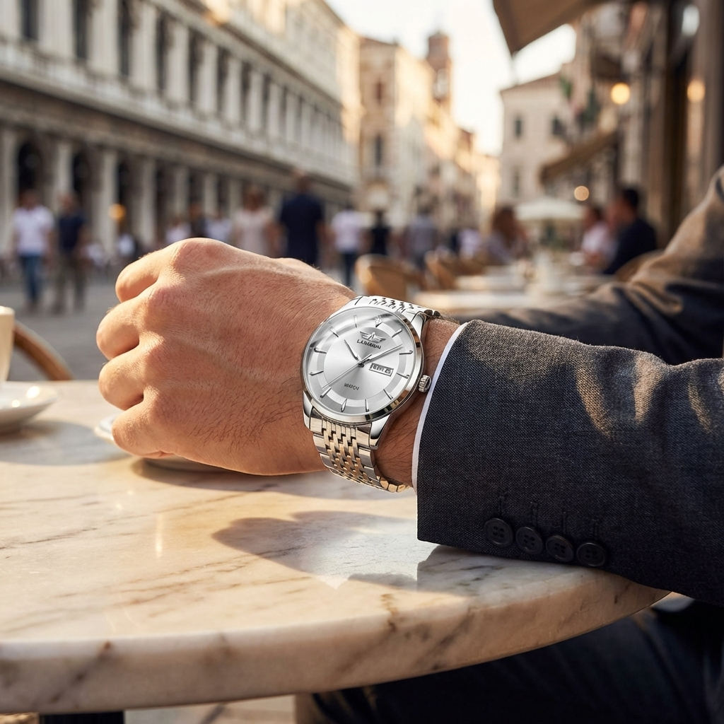 Men’s Automatic Waterproof Luminous Dress Watch – Ultra-Thin 40.5mm Stainless Steel Business Analog Wristwatch with 24-Hour Indicator