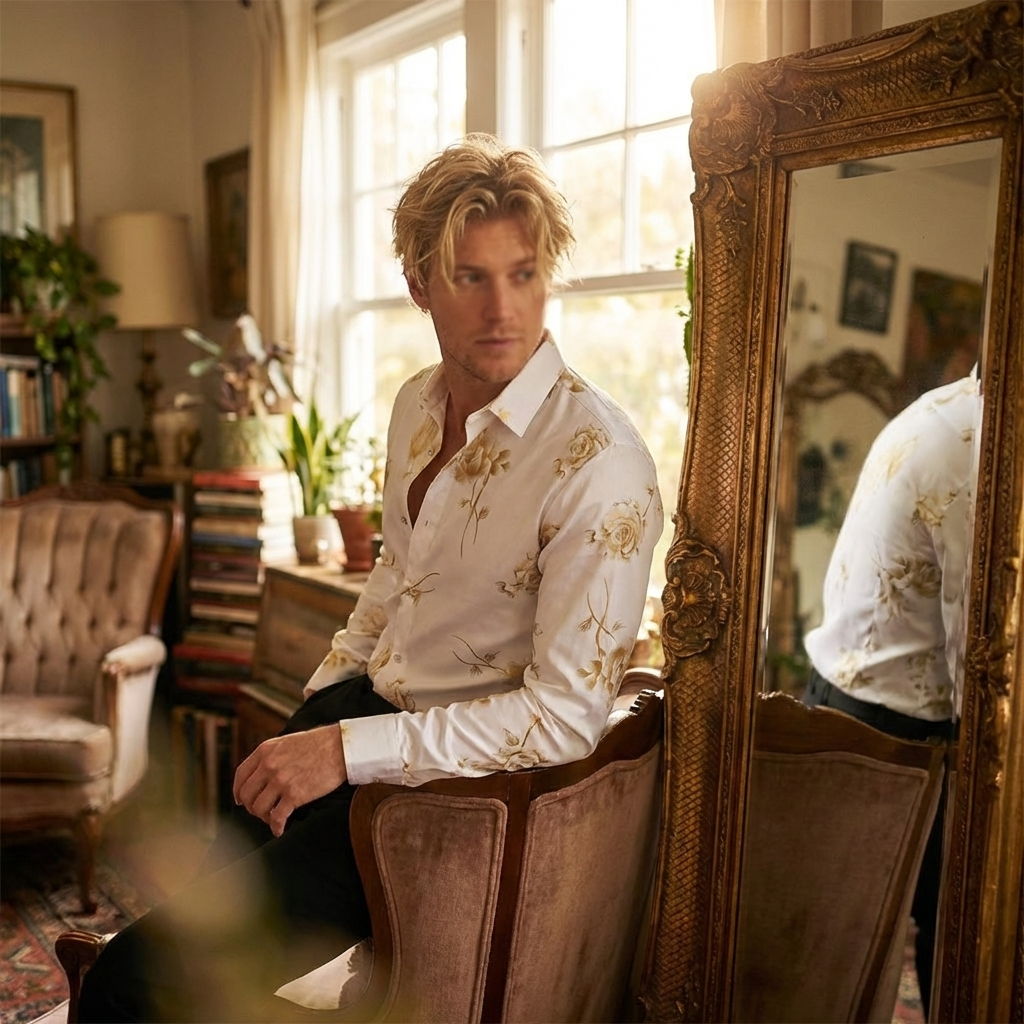 Men Floral Print Long Sleeve Shirt – 3D Digital Printed Stretch Slim Fit Urban Lapel Dress Shirt