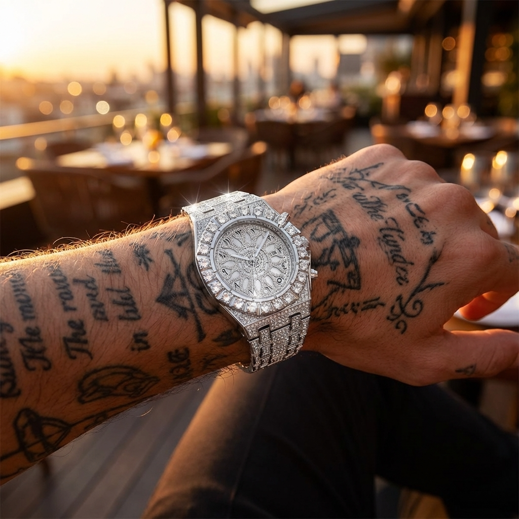 Men Full Diamond Watch – Hip-Hop Arabic Numeral Quartz 43mm Luxury Waterproof Timepiece