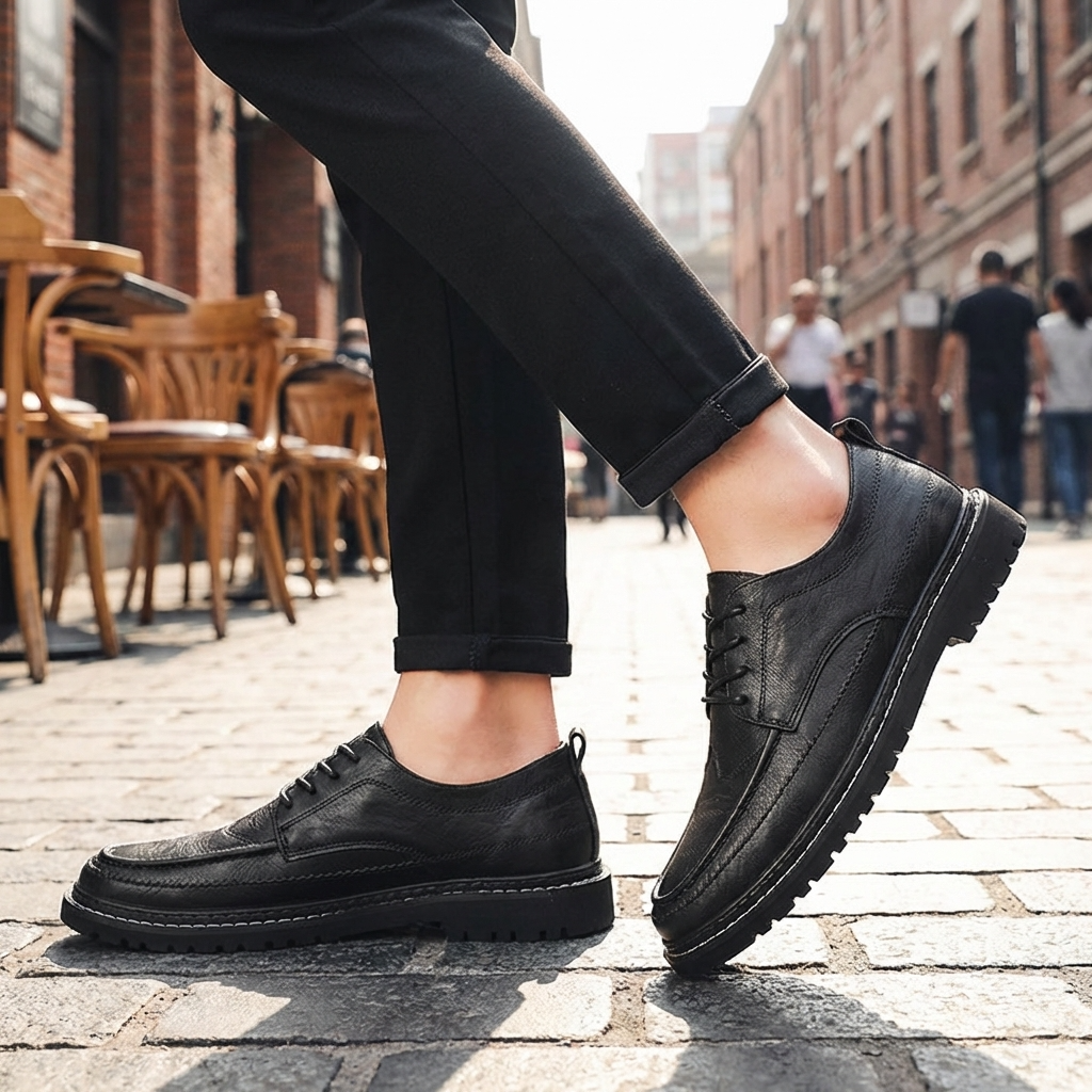 Men’s Height-Increasing Leather Shoes – Lace-Up Round Toe Business Casual Dress Shoes