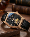 Men Automatic Mechanical Wrist Watch – Barrel Case Luminous Dial Genuine Leather Strap Luxury Timepiece