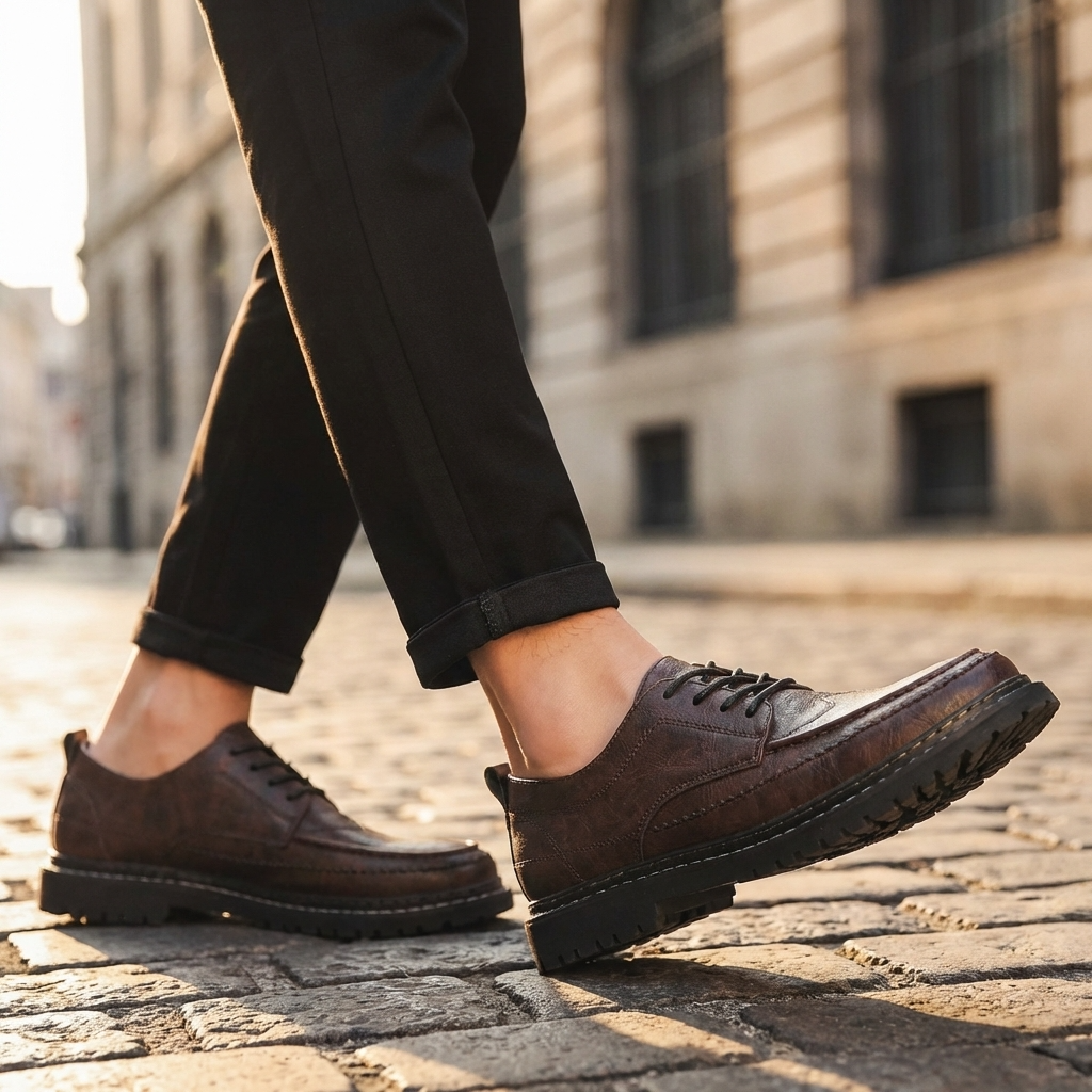 Men’s Height-Increasing Leather Shoes – Lace-Up Round Toe Business Casual Dress Shoes