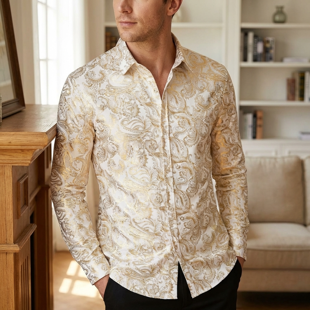 Men Floral Print Long Sleeve Shirt – 3D Digital Printed Stretch Slim Fit Urban Lapel Dress Shirt