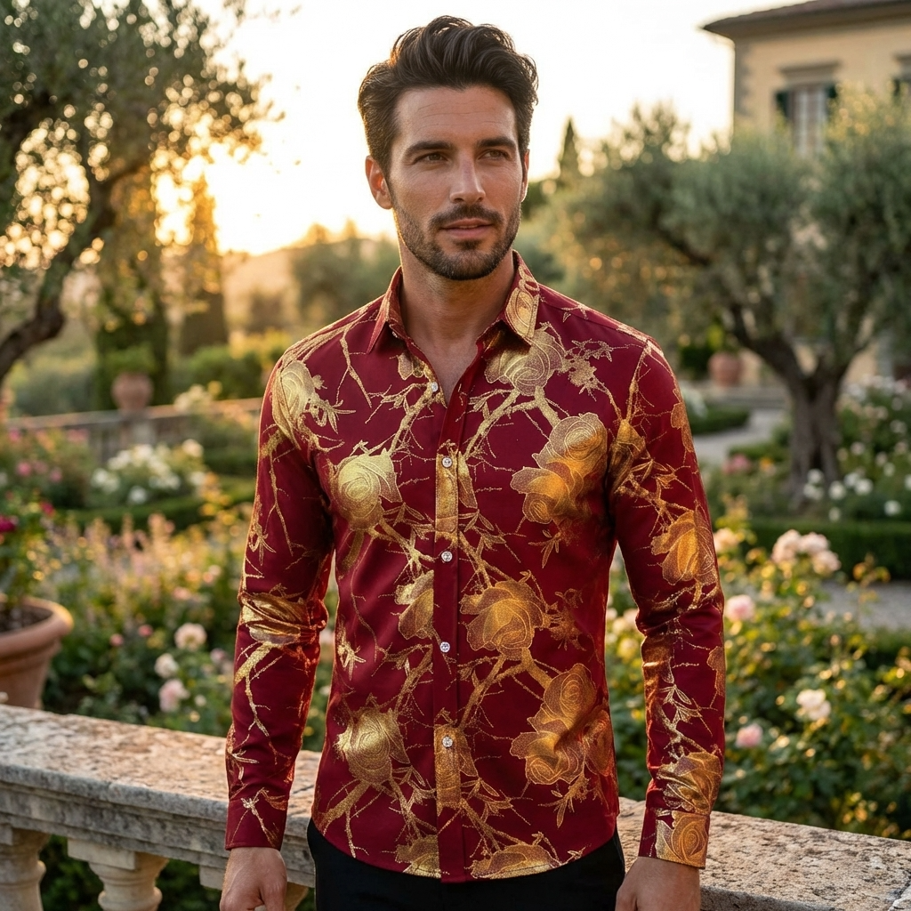 Men Floral Print Long Sleeve Shirt – 3D Digital Printed Stretch Slim Fit Urban Lapel Dress Shirt