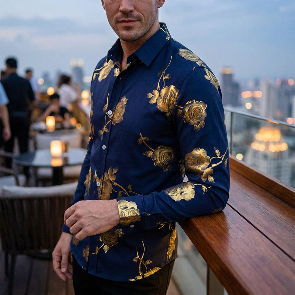 Men Floral Print Long Sleeve Shirt – 3D Digital Printed Stretch Slim Fit Urban Lapel Dress Shirt