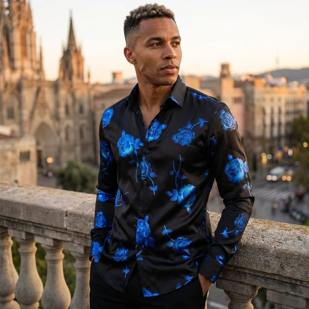 Men Floral Print Long Sleeve Shirt – 3D Digital Printed Stretch Slim Fit Urban Lapel Dress Shirt