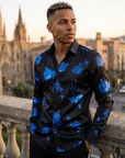 Men Floral Print Long Sleeve Shirt – 3D Digital Printed Stretch Slim Fit Urban Lapel Dress Shirt