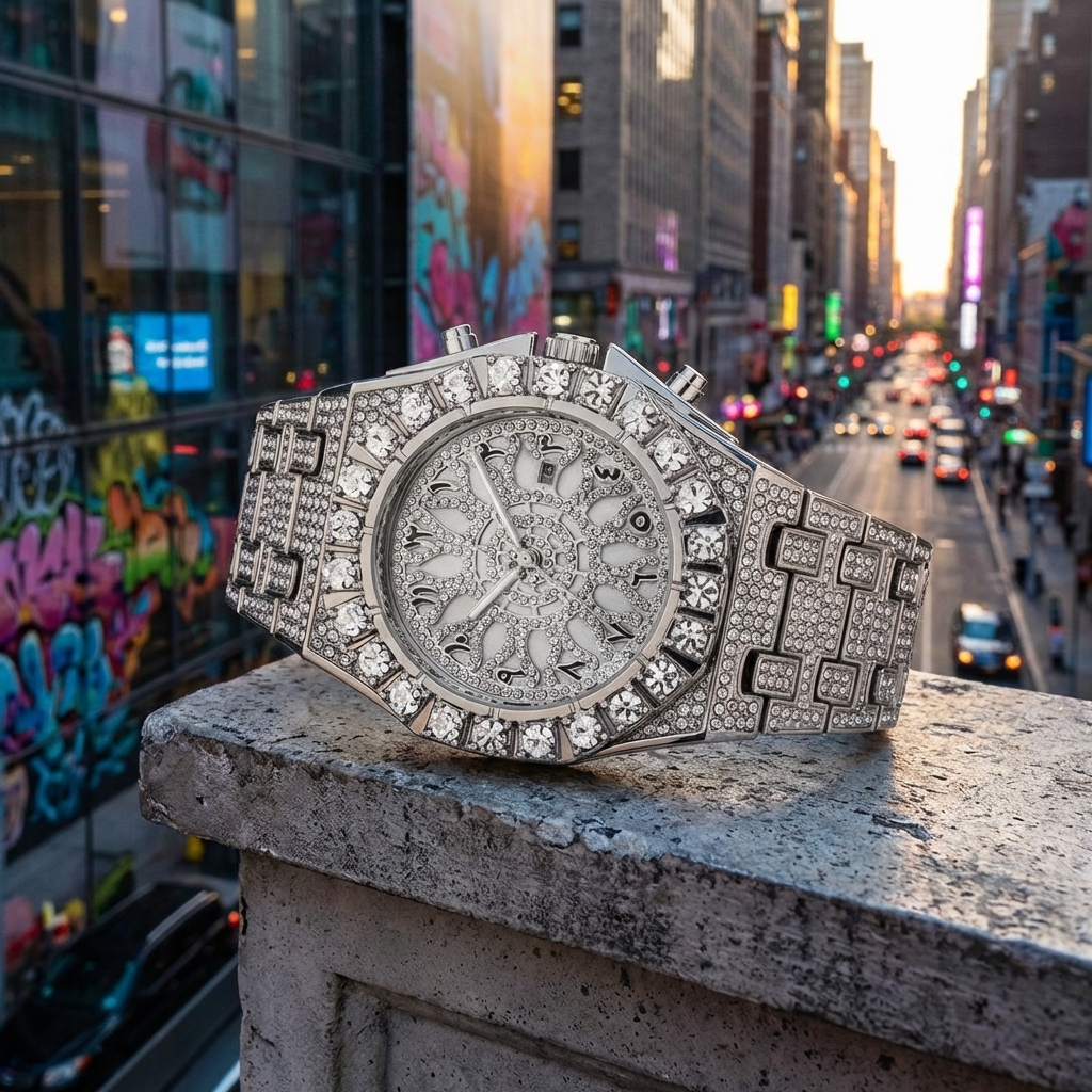 Men Full Diamond Watch – Hip-Hop Arabic Numeral Quartz 43mm Luxury Waterproof Timepiece