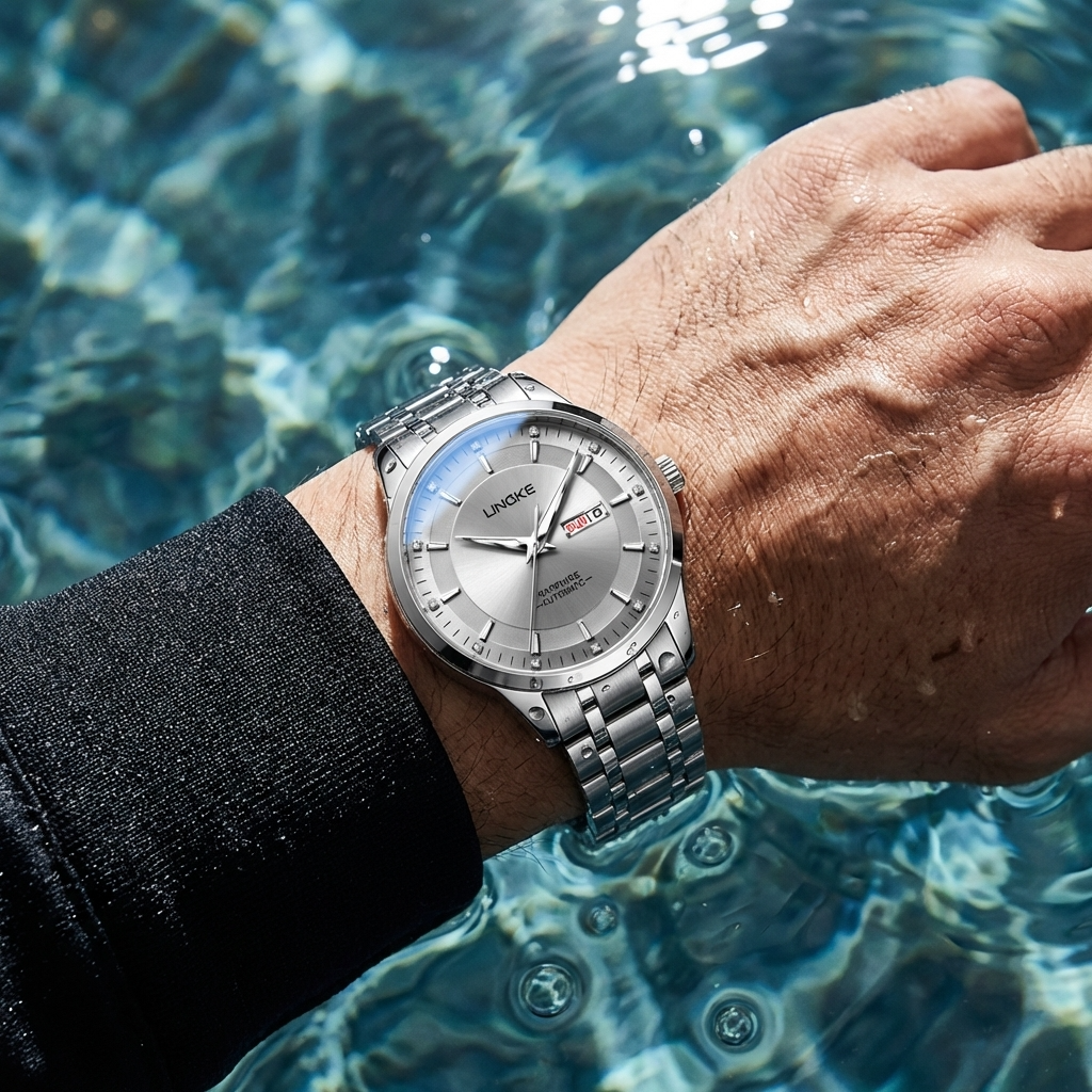 Men Automatic Mechanical Wristwatch – Ultra-Thin 39mm Stainless Steel Watch with Dual Calendar &amp; 50M Waterproof