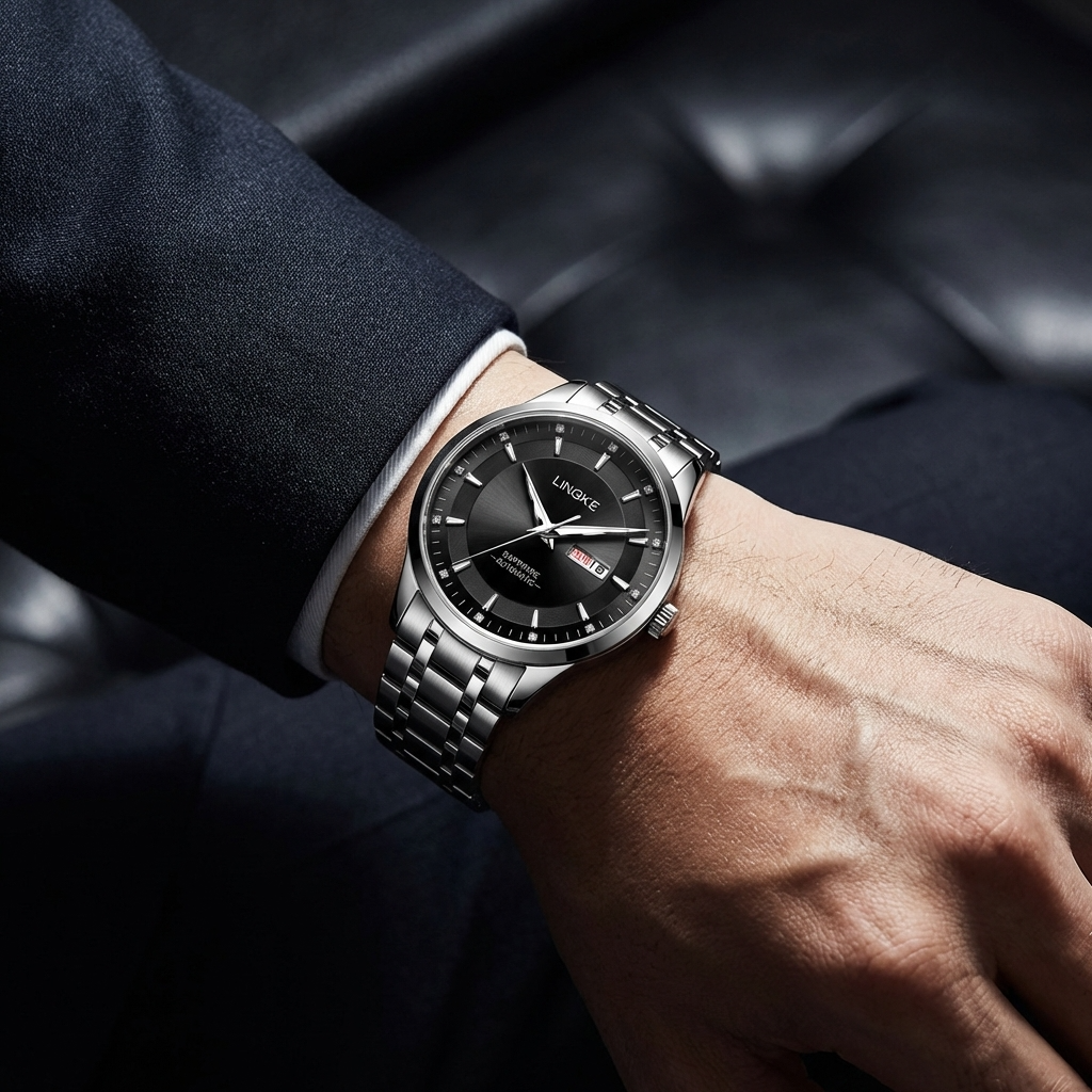 Men Automatic Mechanical Wristwatch – Ultra-Thin 39mm Stainless Steel Watch with Dual Calendar &amp; 50M Waterproof