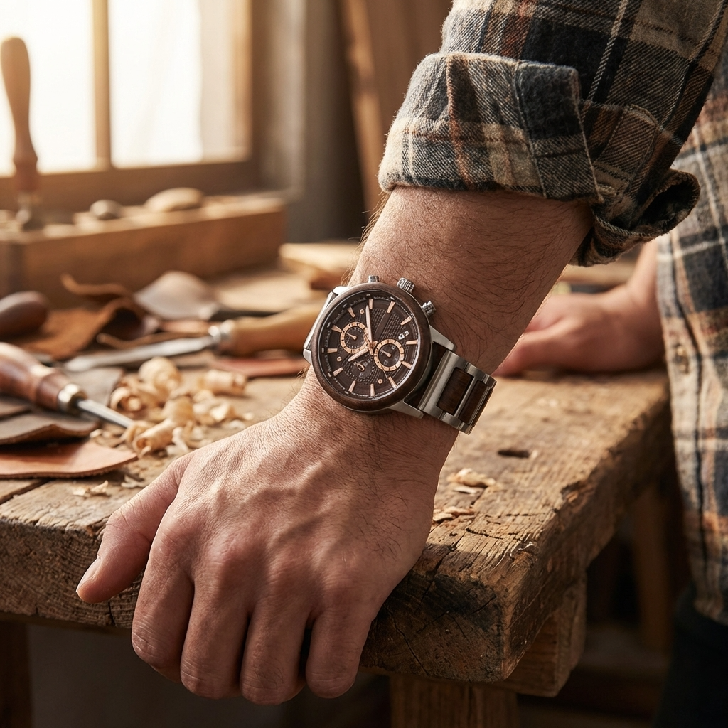 Multi-Function Chronograph Wooden Men’s Watch – 50mm Large Dial Quartz Analog-Digital Water-Resistant Wood Strap Timepiece