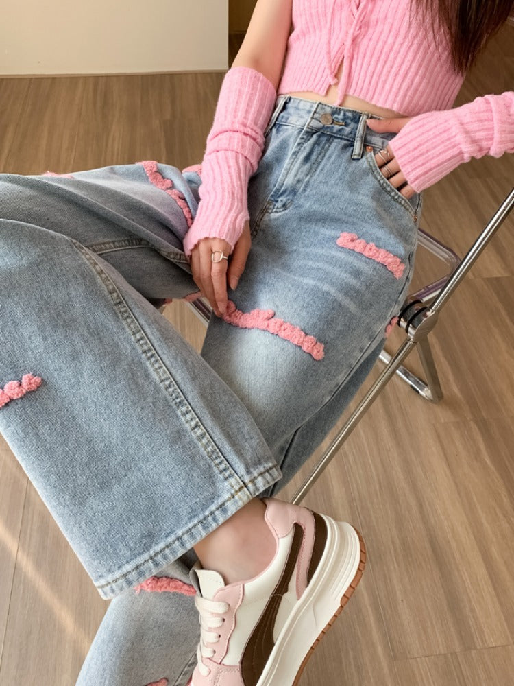 Women&#39;s Wide-leg Jeans Embroidered Letters Straight-leg Pants