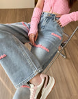 Women's Wide-leg Jeans Embroidered Letters Straight-leg Pants