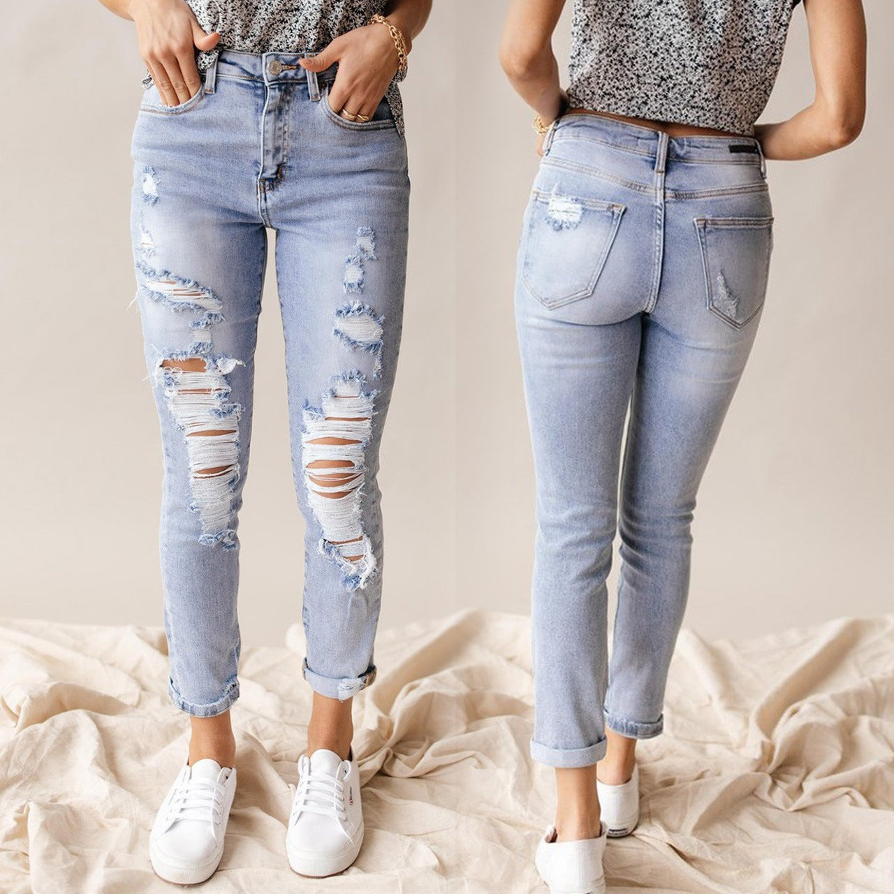 ✨ Jean court déchiré taille haute pour femme – Denim bleu clair vieilli (S-XL)