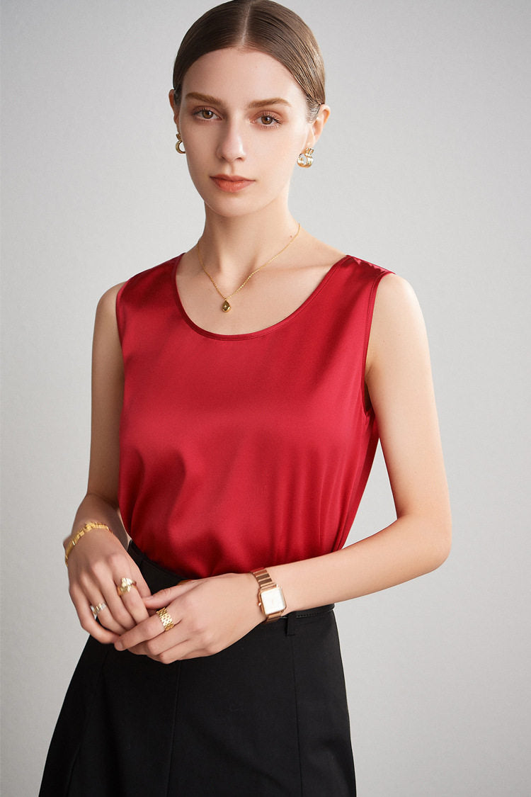 Women 100% Mulberry Silk Sleeveless Camisole Top – Satin Loose Fit Elegant Solid Color Summer Layering Vest