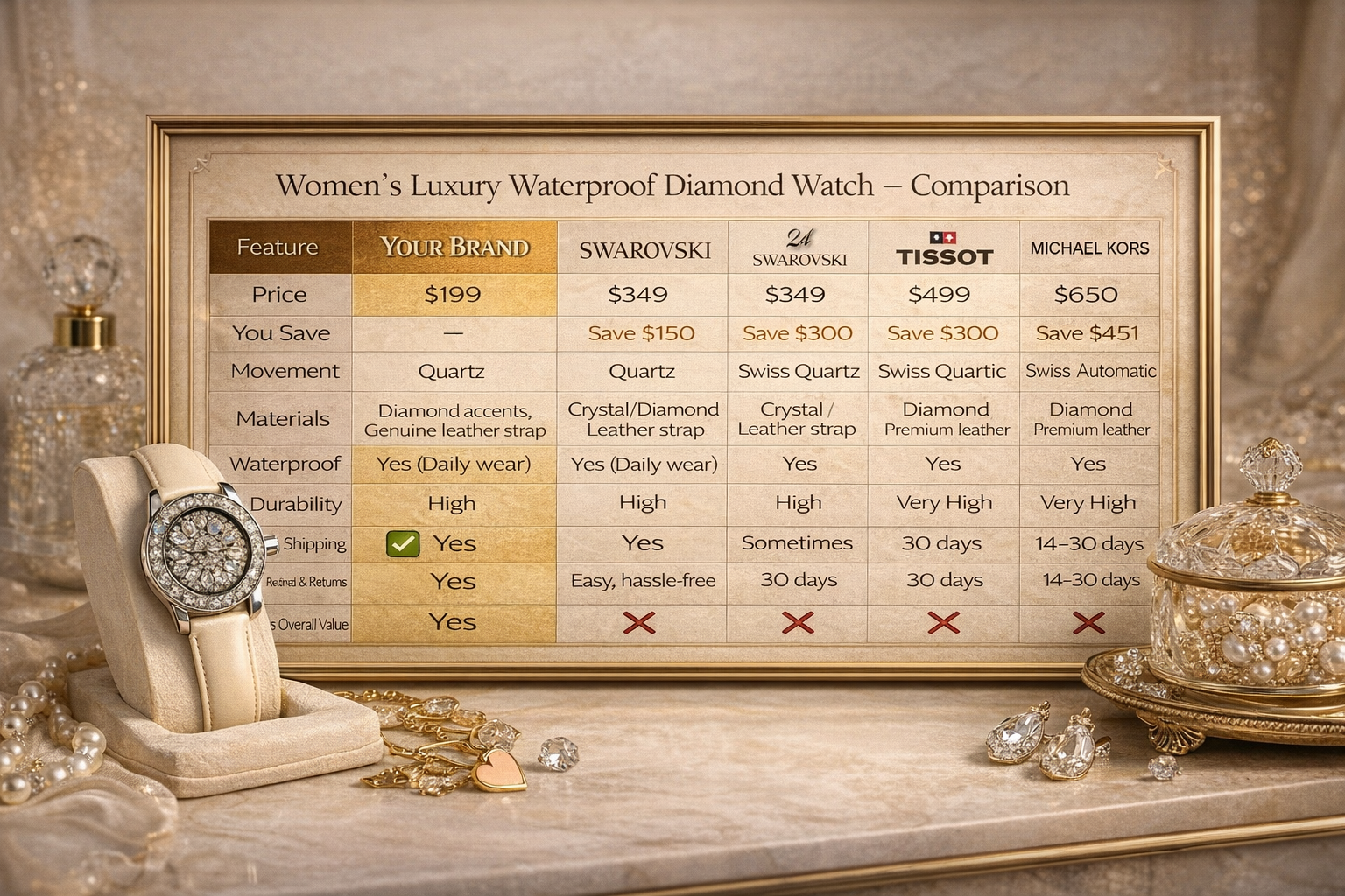 Montre de luxe étanche en cuir véritable pour femme avec diamants