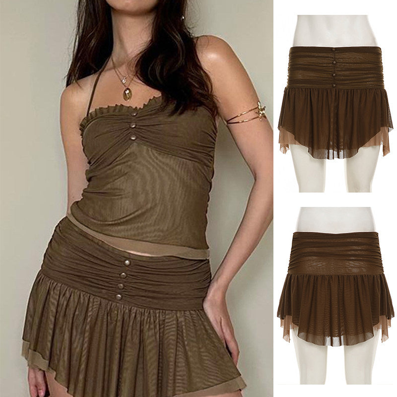 Women’s Asymmetrical High Waist A-Line Skirt – Ruffled Street Style Midi Skirt with Lace Detail &amp; Slim Fit